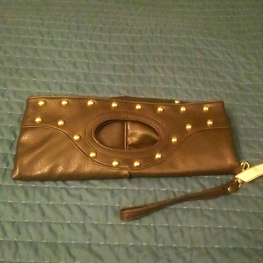 Nailhead Foldover Clutch, Faux Leather, NWT